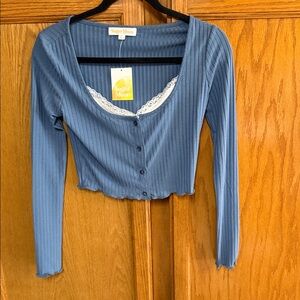 Ribbed Lace-Trim Button Long Sleeve Top in Dusty Blue